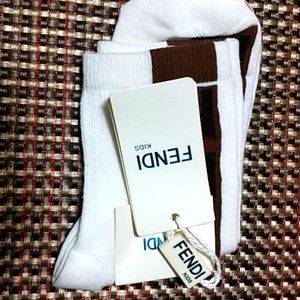 New Girls Size 8 Off White Cotton FENDI Logo Socks.